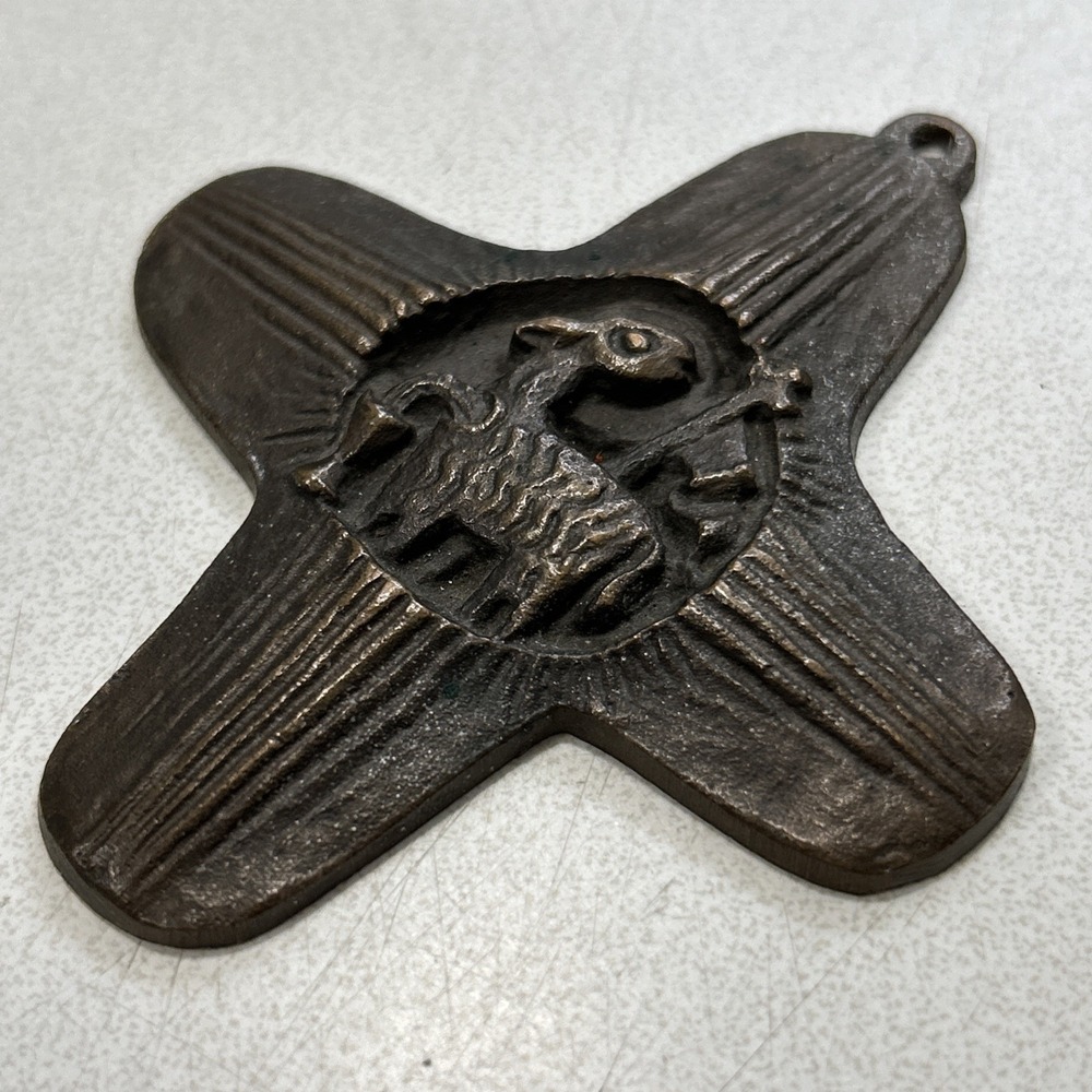 Vintage Agnus Dei Brutalist Wall Hanging Cross Bronze Lamb of God MCM Pendant